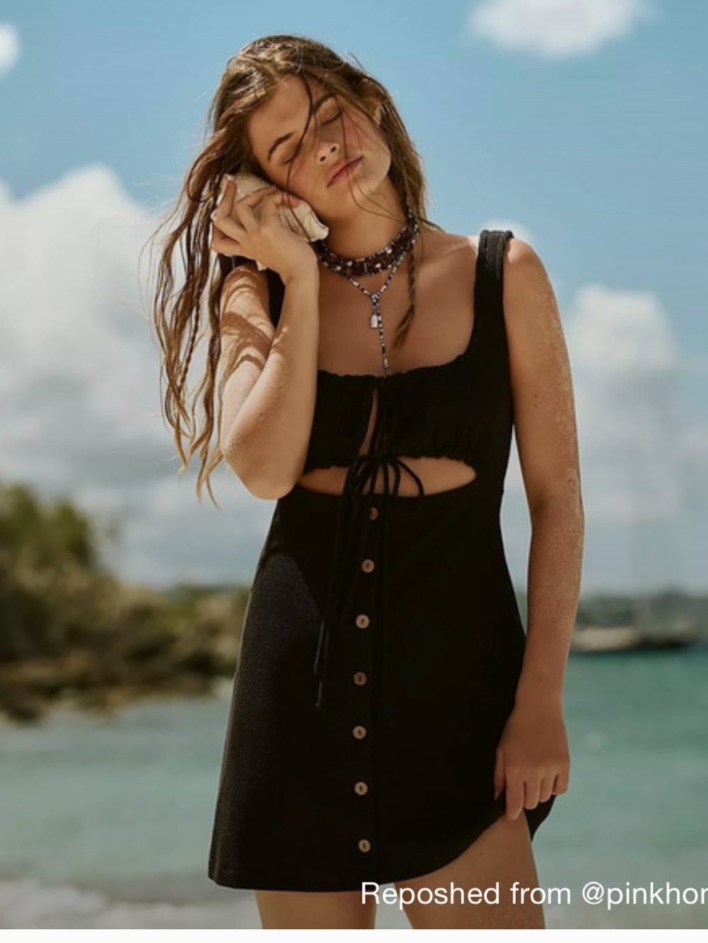 Free People Beach Olivia Mini Cutout Dress in Black Button Up Tie front size L
